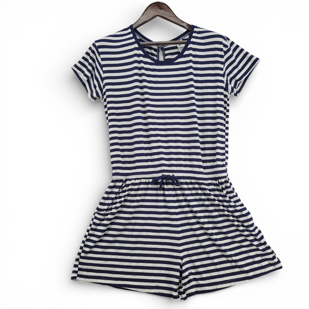 Alex's Lemonade Stand Women L‎ Romper Navy White Striped Stretch Casual Summer